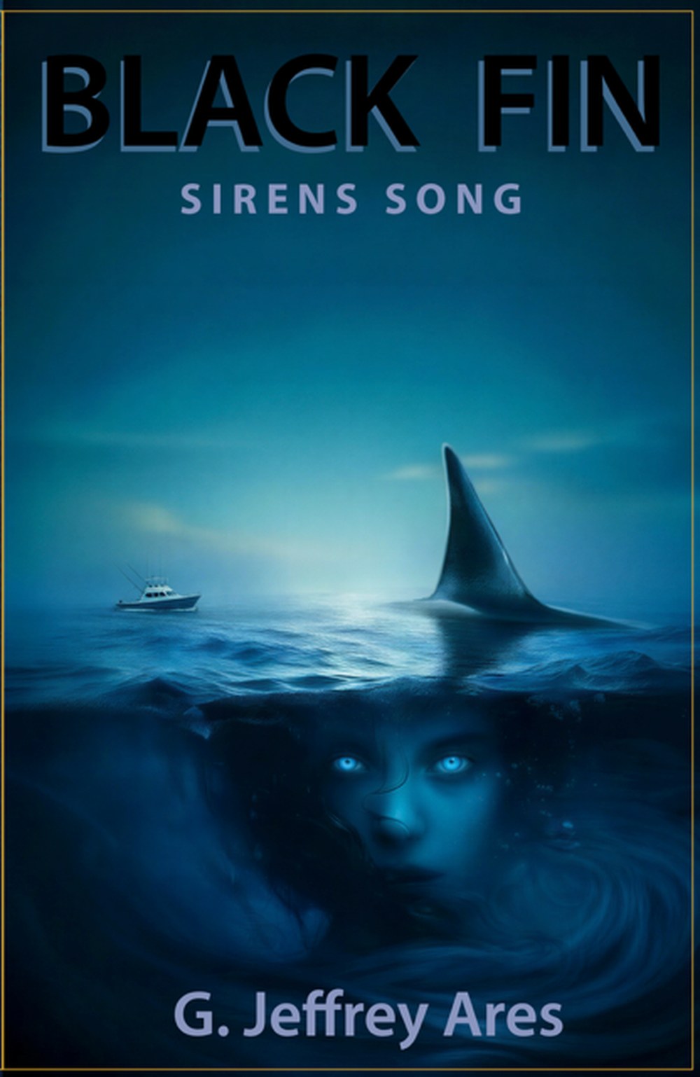 Black Fin: Sirens Song cover — a dorsal fin and a face beneath the waterline, a fishing boat on the horizon